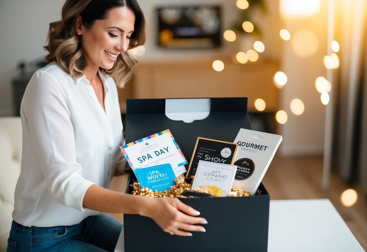 En kvinna som tar emot en presentlåda fylld med ett presentkort för en spadag biljetter till en liveföreställning och en gourmetmatlagningskurs