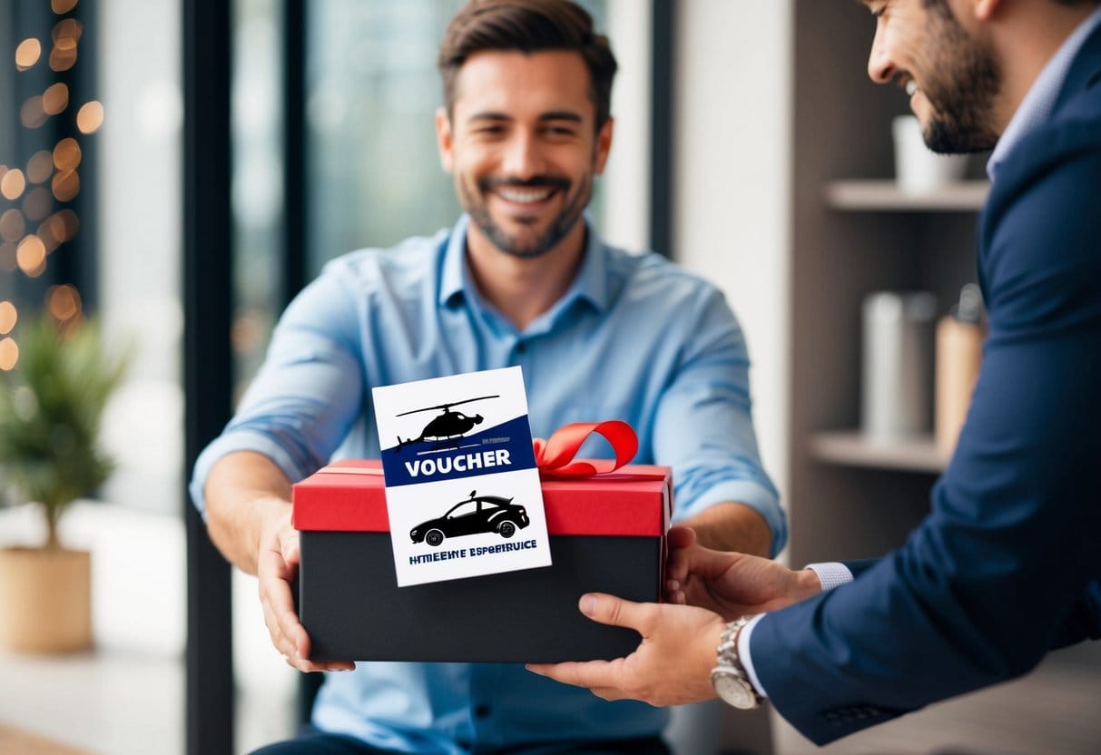 En man som får en presentlåda med en kupong för en spännande upplevelse som en helikoptertur eller en körsession med racerbilar