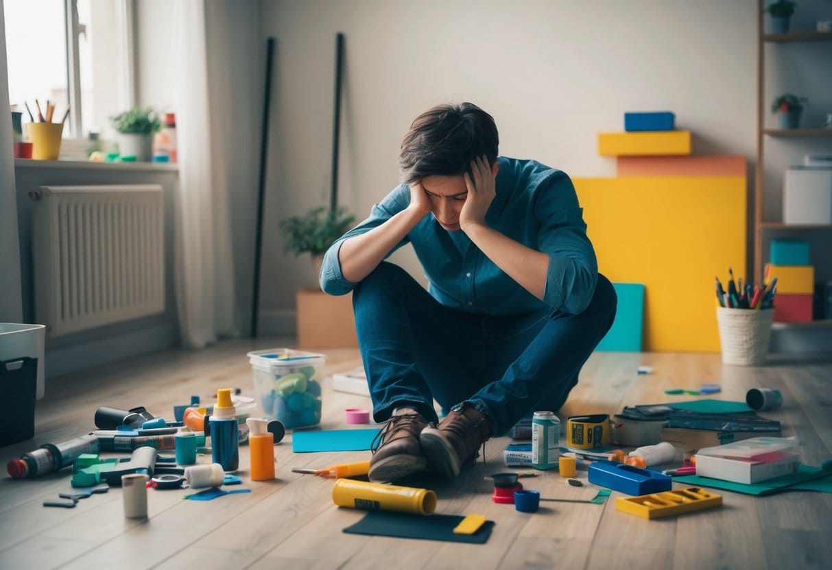 En person sitter på golvet omgiven av utspridda konstmaterial ser uttråkad ut